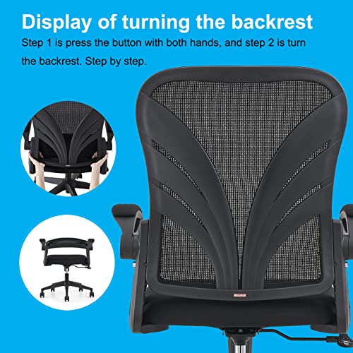 HOLLUDLE Ergonomic Office Chair with Foldable Backrest, Computer Desk Chair with Flip-up Armrests, Mesh Lumbar Support and Tilt Function Big and Tall Office Chair, Black