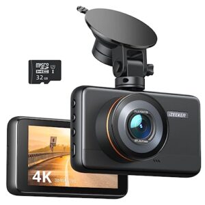 izeeker dash cam 4k, 2160p/1080p dash camera for cars, wdr night vision car camera with emergency recording, parking monitoring, g-sensor, 32gb microsd card