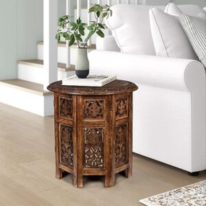 goroly home solid wood hand carved accent table, side table, entryway table, wooden end table, octagonal wooden table - 18 inch round top x 18 inch high - burnt