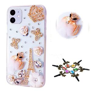 stenes sparkle phone case compatible with samsung galaxy a04 case - stylish - 3d handmade bling crown fox eiffel tower butterfly flowers rhinestone crystal diamond design cover case - gold