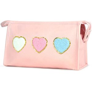 byxepa preppy heart makeup bag with pocket cosmetic bag waterproof make up travel accessories case kids portable storage for teen girls gift (pink-hearts)