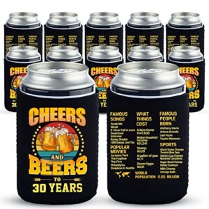 30th birthday party beverage can cooler sleeves, cheers to 30 years with old time informations, happy 30th birthday decorations for men women, 30th birthday party supplies, vintage - 12 pcs