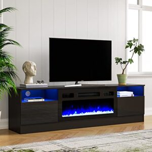 cozy castle fireplace tv stand for 75 inch tv, led tv entertainment center with 30" electric fireplace, high gloss modern television stand, black