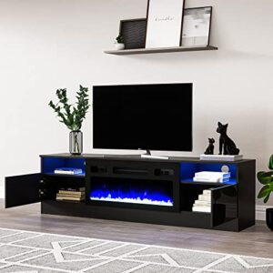 Cozy Castle Fireplace TV Stand for 75 inch TV, LED TV Entertainment Center with 30" Electric Fireplace, High Gloss Modern Television Stand, Black