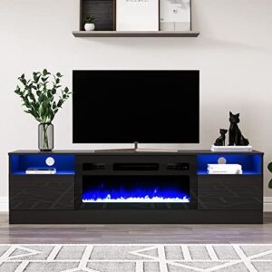 Cozy Castle Fireplace TV Stand for 75 inch TV, LED TV Entertainment Center with 30" Electric Fireplace, High Gloss Modern Television Stand, Black