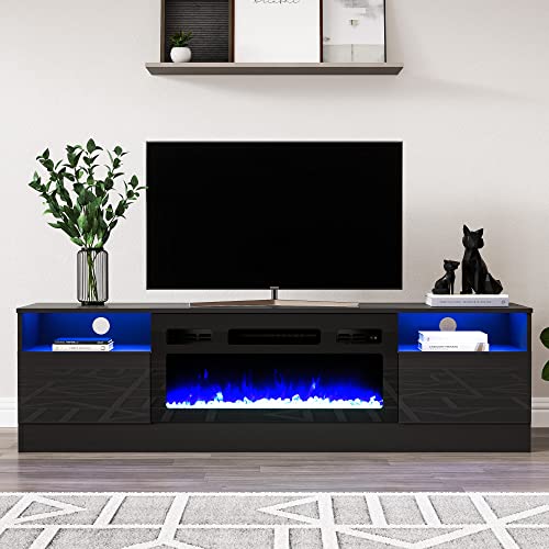 Cozy Castle Fireplace TV Stand for 75 inch TV, LED TV Entertainment Center with 30" Electric Fireplace, High Gloss Modern Television Stand, Black