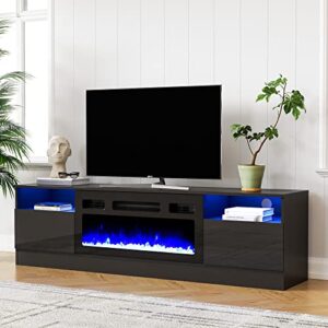 Cozy Castle Fireplace TV Stand for 75 inch TV, LED TV Entertainment Center with 30" Electric Fireplace, High Gloss Modern Television Stand, Black