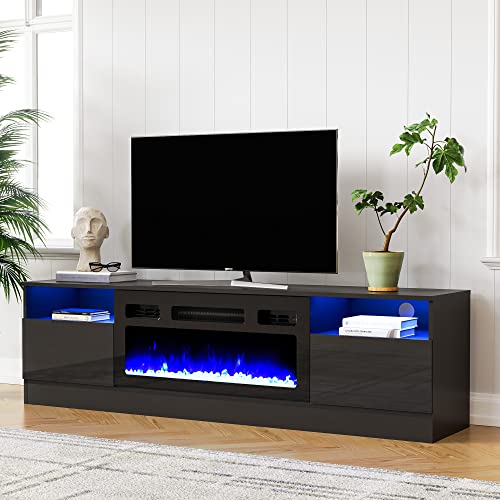 Cozy Castle Fireplace TV Stand for 75 inch TV, LED TV Entertainment Center with 30" Electric Fireplace, High Gloss Modern Television Stand, Black