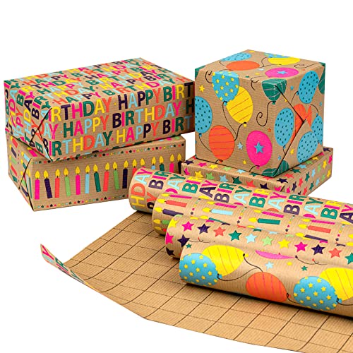 RUSPEPA Kraft Wrapping Paper Rolls - 17 inches x 10 feet per Roll, Total of 4 Rolls, Colorful Birthday