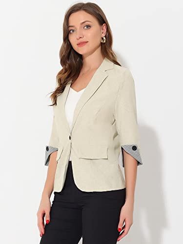 Allegra K Women's Suit Jacket Notched Lapel Collar 3/4 Sleeve Button Front Work Formal Blazer X-Small Beige