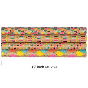 RUSPEPA Kraft Wrapping Paper Rolls - 17 inches x 10 feet per Roll, Total of 4 Rolls, Colorful Birthday