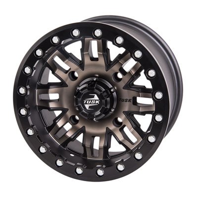 Tusk Racing Four 30x10-14 Tusk TERRABITE Heavy Duty 8-Ply Radial UTV Tires mounted on Tusk TETON Beadlock Wheels - POLARIS UTVs - 4/156 bolt pattern - Includes Lug Nuts (5+2 Wheel Offset, Smoke)