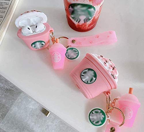 AirPods 2 & 1 Case Cover, 3D Cute Cartoon Kawaii Pink Drink Cup Keychain Design case, Charging Holster for Boys and Girls