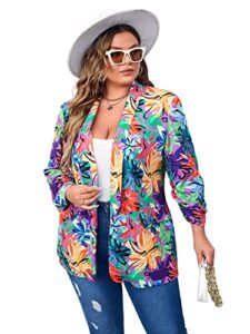 wdirara women's plus size floral print blazer button open front long sleeve jacket multicolor 1xl