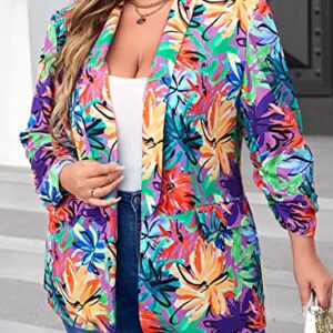 WDIRARA Women's Plus Size Floral Print Blazer Button Open Front Long Sleeve Jacket Multicolor 1XL