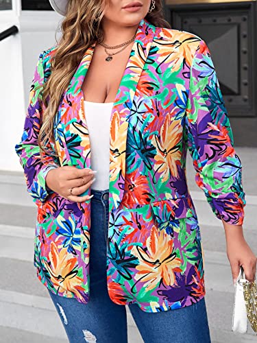 WDIRARA Women's Plus Size Floral Print Blazer Button Open Front Long Sleeve Jacket Multicolor 1XL