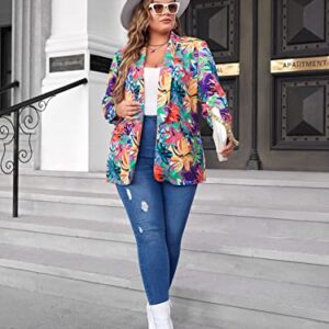 WDIRARA Women's Plus Size Floral Print Blazer Button Open Front Long Sleeve Jacket Multicolor 1XL