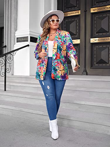 WDIRARA Women's Plus Size Floral Print Blazer Button Open Front Long Sleeve Jacket Multicolor 1XL