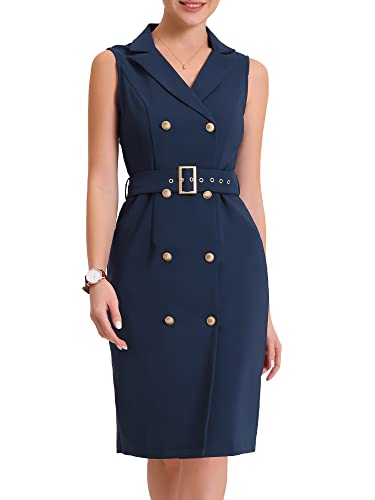 Allegra K Women's Sleeveless Notched Lapel Double Breasted Belted Work Office Blazer Dress X-Large Navy Blue