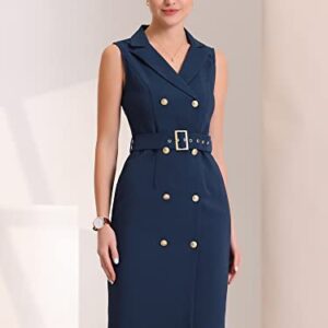 Allegra K Women's Sleeveless Notched Lapel Double Breasted Belted Work Office Blazer Dress X-Large Navy Blue