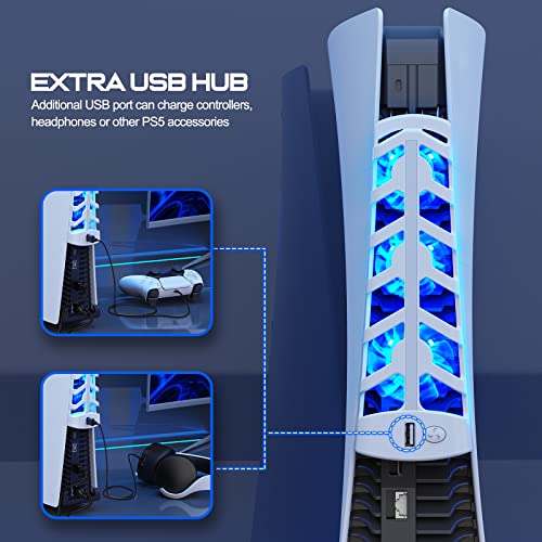 EUROA Cooling Fan, Efficient Cooling System with 5200RPM Cooling Fans&LED Light Compatible with Playstation 5, Upgrade Accessories Cooler Fan Cooling Fan for PS5 Console Disc&Digital Edition, USB Hub