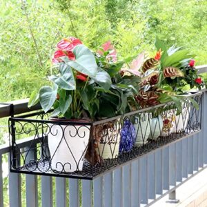iron balcony planters railing hanging railing flower pots holder with hooks black plant stand outdoor hanging pots for plants for patio porch garden fence balcony decor large size 31.5*7.8*4.7 inch