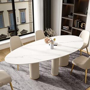 baycheer luxury oval dining table slate stone top table with 3 metal base kitchen table - white 78.7" l x 39.4" w x 29.5" h (table only)