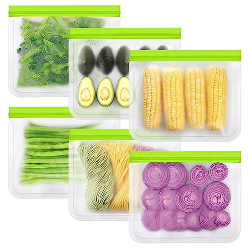 Reusable Food Storage Bags, 6 Pack BPA Free Reusable Freezer Bags, Reusable Sandwich Bags, Extra Thick Leakproof Food Grade Silicone Lunch Food Bags for Meat Veggies 6 Gallon Bags