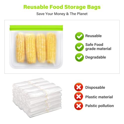 Reusable Food Storage Bags, 6 Pack BPA Free Reusable Freezer Bags, Reusable Sandwich Bags, Extra Thick Leakproof Food Grade Silicone Lunch Food Bags for Meat Veggies 6 Gallon Bags