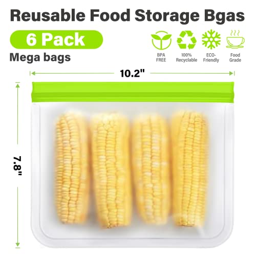 Reusable Food Storage Bags, 6 Pack BPA Free Reusable Freezer Bags, Reusable Sandwich Bags, Extra Thick Leakproof Food Grade Silicone Lunch Food Bags for Meat Veggies 6 Gallon Bags