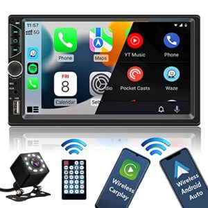 double din car stereo with wireless apple carplay,wireless android auto,7 inch hd touch screen car radio with bluetooth, car audio receiver with backup camera,mirror link,fm/usb/aux/tf/subwoofer