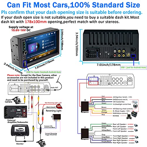 Double Din Car Stereo with Wireless Apple Carplay,Wireless Android Auto,7 inch HD Touch Screen Car Radio with Bluetooth, Car Audio Receiver with Backup Camera,Mirror Link,FM/USB/AUX/TF/Subwoofer