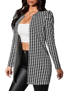 wdirara women's houndstooth gigot sleeve open front long elegant coat blazer jacket black and white s