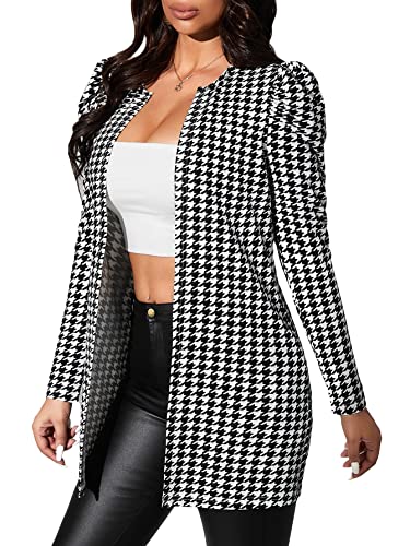 WDIRARA Women's Houndstooth Gigot Sleeve Open Front Long Elegant Coat Blazer Jacket Black and White S