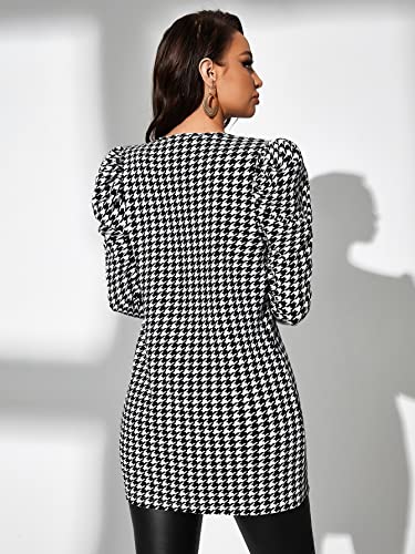 WDIRARA Women's Houndstooth Gigot Sleeve Open Front Long Elegant Coat Blazer Jacket Black and White S