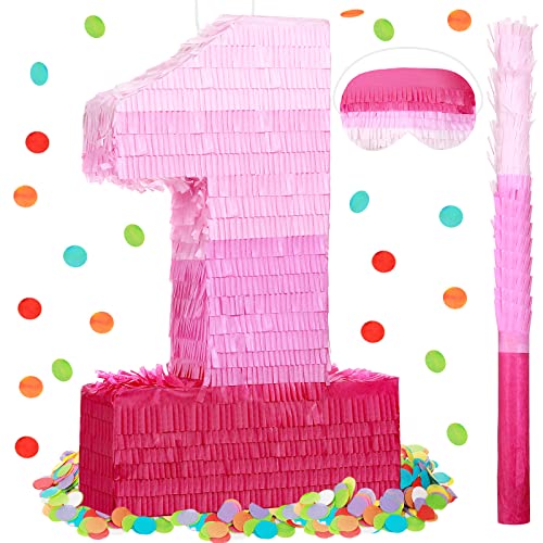 Number 1 Pinata First Birthday Pinata Decorations Gradient Pink Pinata with Stick Blindfold Confetti for Girls Boys Birthday Baby Shower Anniversary Party Decorations Supplies