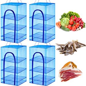 cunno 4 pcs herb drying rack 4 layer hanging drying net folding fish mesh with zippers non toxic nylon netting for fish vegetables meat herb fruit plants net dry cage, blue, 13.8 x 13.8 x 25.6 inch