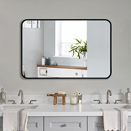 rozycher Black Btahroom Mirror 20x30 Inch, Rectangle Mirror for Wall, Decorative Black Wall Mirror for Bathroom, Bedroom, Living Room, Rounded Corner Wall Mirror Hangs Horizontal Or Vertical