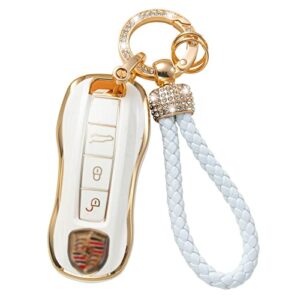 gematay for porsche key fob cover with keychain lanyard, key fob protector shell compatible with porsche 911 cayenne panamera taycan 3 button keyless entry smart key case