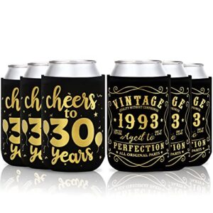 Cheers to 30 Years Can Sleeves Vintage 1993 30th Birthday Party Decorations for Men Supplies Can Cover Sleeves Black and Gold Neoprene Sleeves for Soda Can Beverage Set of 12