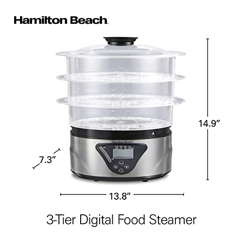 Hamilton Beach Digital Electric Food Steamer & Rice Cooker for Quick, Healthy Cooking with Stackable Three-Tier Bowls for Vegetables and Seafood, 8.25 Quart, Black & Stainless Steel