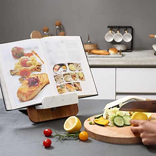 EVERBBKING Cookbook Stand，Acacia Wood Cutting Board Style Cookbook Holder for Kitchen Counter Adjustable iPad Tablet Recipe Book Stand with Marble Base