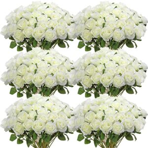 50 pcs artificial rose flower realistic silk roses with stem bouquet of flowers plastic flowers real looking fake roses for home wedding centerpieces party decorations (white)