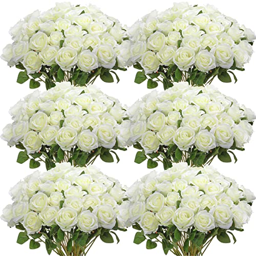 50 Pcs Artificial Rose Flower Realistic Silk Roses with Stem Bouquet of Flowers Plastic Flowers Real Looking Fake Roses for Home Wedding Centerpieces Party Decorations (White)