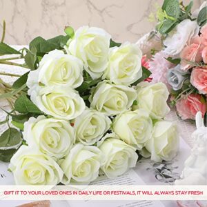 50 Pcs Artificial Rose Flower Realistic Silk Roses with Stem Bouquet of Flowers Plastic Flowers Real Looking Fake Roses for Home Wedding Centerpieces Party Decorations (White)