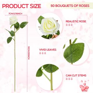 50 Pcs Artificial Rose Flower Realistic Silk Roses with Stem Bouquet of Flowers Plastic Flowers Real Looking Fake Roses for Home Wedding Centerpieces Party Decorations (White)