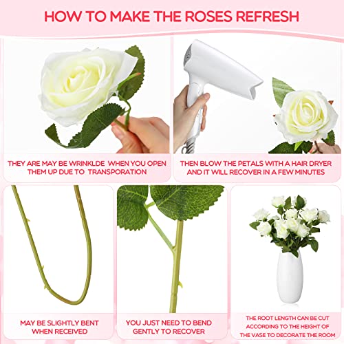 50 Pcs Artificial Rose Flower Realistic Silk Roses with Stem Bouquet of Flowers Plastic Flowers Real Looking Fake Roses for Home Wedding Centerpieces Party Decorations (White)