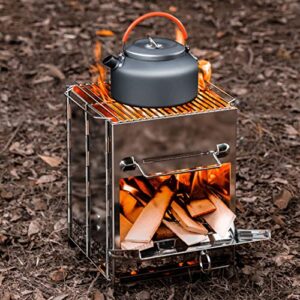 wood burning camping stove folding, large portable stainless steel backpacking stove for hiking picnic cooking outdoor