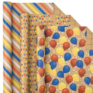 lezakaa birthday kraft wrapping paper roll - mini roll - balloon, dot and stripe design - 17 x 120 inches, 3 rolls (42.5 sq.ft.ttl.)