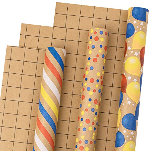 LeZakaa Birthday Kraft Wrapping Paper Roll - Mini Roll - Balloon, Dot and Stripe Design - 17 x 120 inches, 3 Rolls (42.5 sq.ft.ttl.)